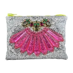 Mawi Originally $1100 Silver Glittered Crystal Embellished Top Zip Clutch